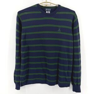 Psycho Bunny Mens Large Navy Blue Green Striped Cotton Crewneck Sweater